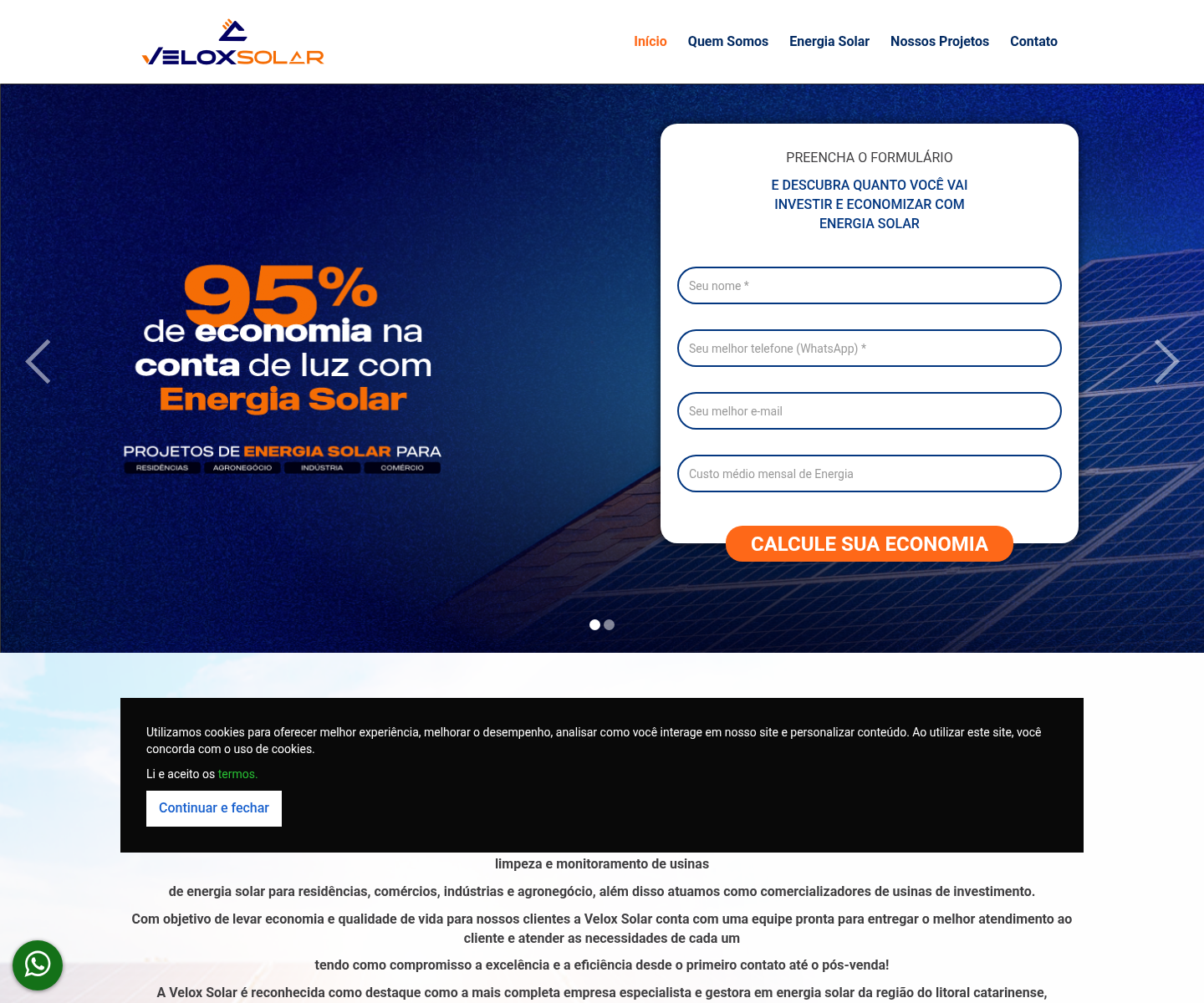 Print do site da Velox Solar